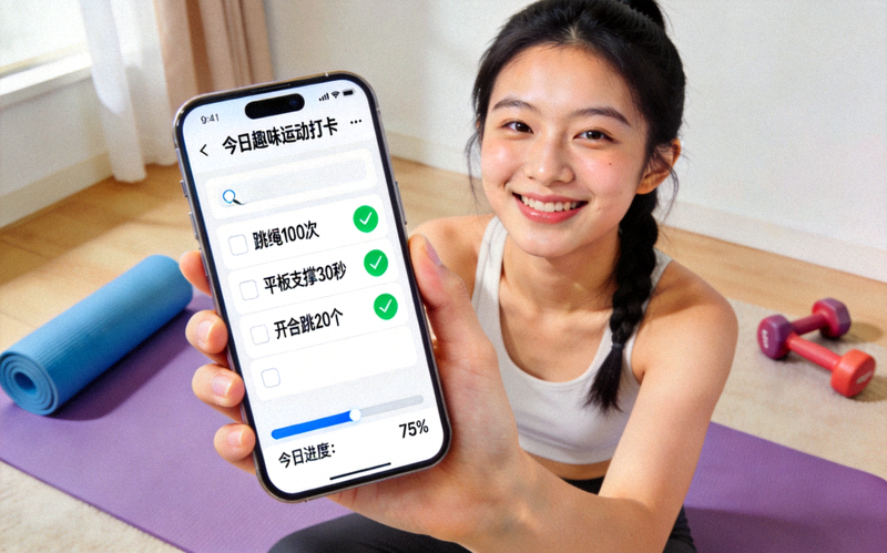 参与者使用手机记录每日趣味运动打卡任务，屏幕显示运动进度