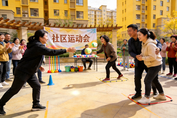 社区运动会现场，居民在小区广场参加趣味投掷与接力项目