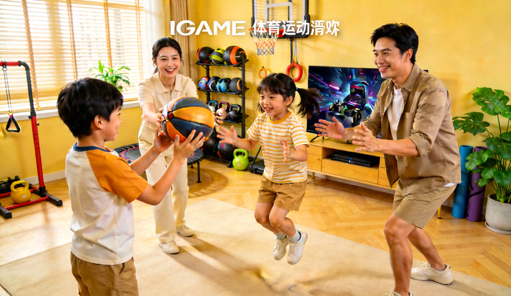 家庭成员共同参与IGAME体育运动趣味运动，客厅中呈现轻松愉悦的健康运动氛围
