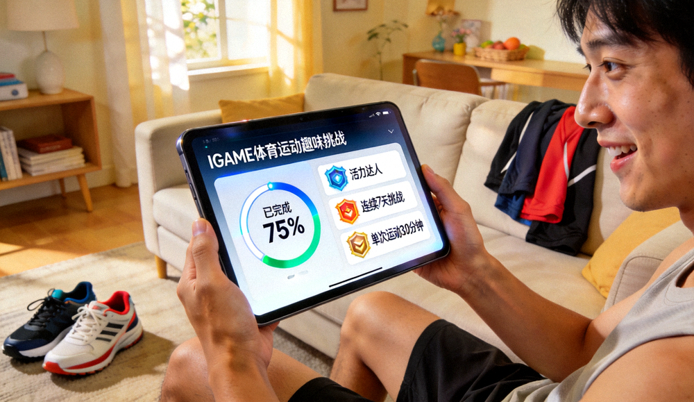 用户在家中使用移动设备参与IGAME体育运动趣味挑战，屏幕显示运动进度与成就徽章
