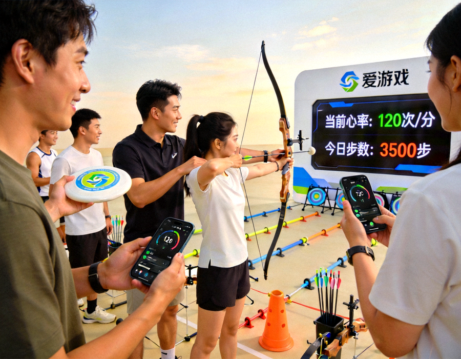 爱游戏体育运动体验现场图，参与者在专业指导下体验趣味运动项目并查看运动数据