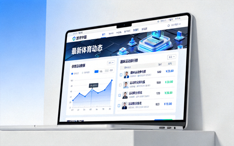 爱游戏中国官方网站新闻页面展示，屏幕上显示体育运动数据与趣味运动排行榜