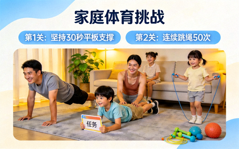 家庭趣味运动场景，亲子在客厅一起完成居家体育挑战任务