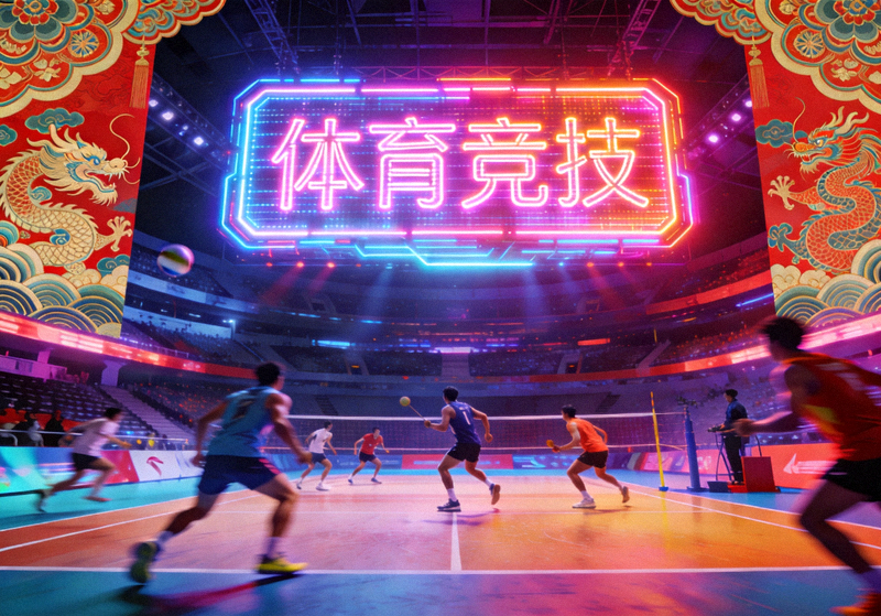 赛博国潮风格的体育竞技场场景，运动员在霓虹灯光下进行比赛