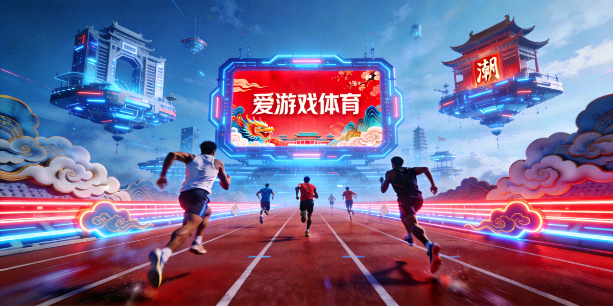 爱游戏体育赛博国潮全民体育竞技场景全景展示图，运动员在跑道上冲刺