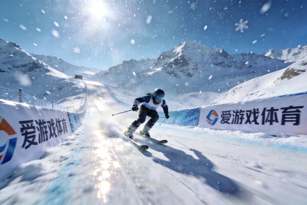 爱游戏体育极速滑雪模式场景图，滑雪者在雪道上高速滑行