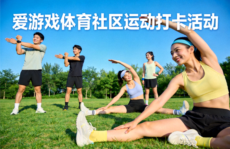 爱游戏体育社区运动打卡活动，参与者在户外进行拉伸放松运动的画面