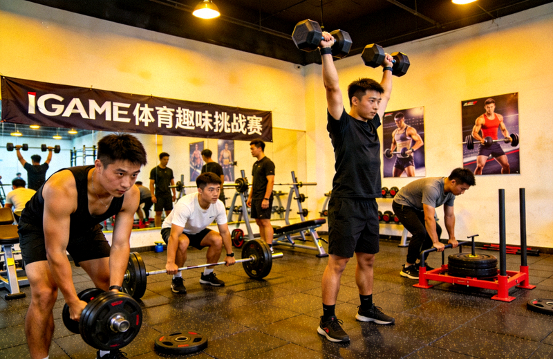 IGAME体育趣味挑战赛现场，参与者在健身房进行力量训练的画面