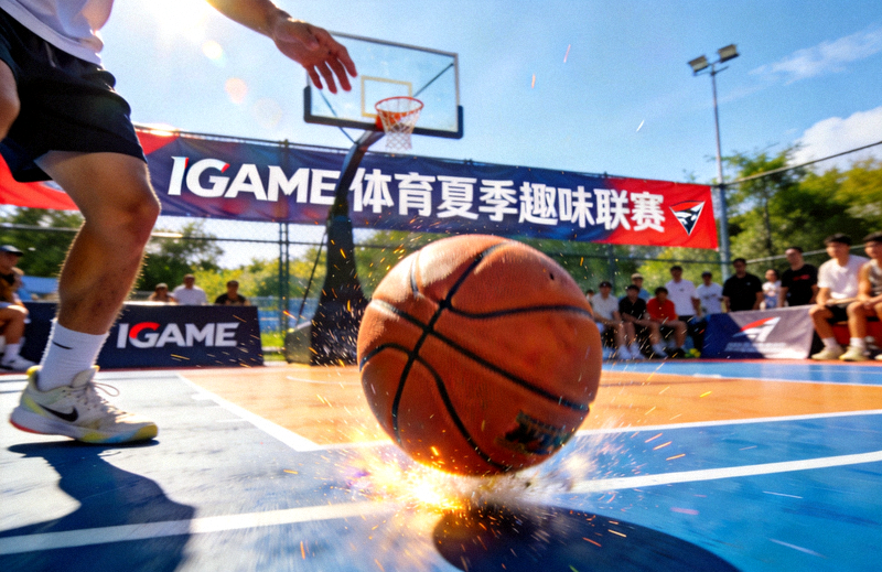 IGAME体育夏季趣味联赛现场，篮球在球场上弹跳的运动画面
