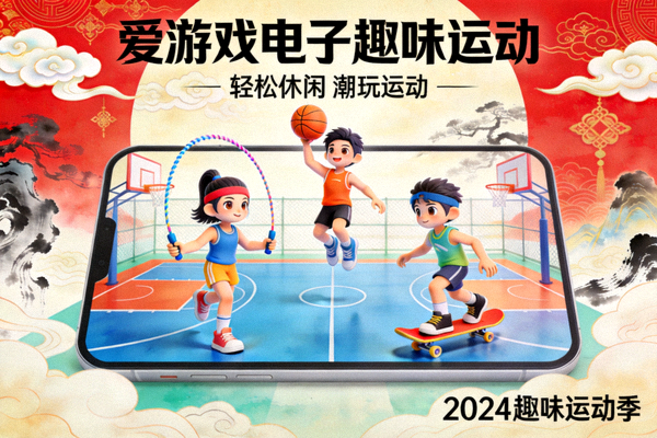 爱游戏电子趣味运动主题宣传图，轻松休闲的国潮体育游戏画面