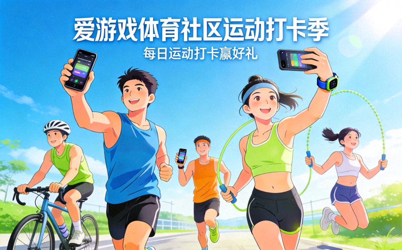 爱游戏体育社区运动打卡季活动画面，参与者手持设备完成每日运动任务