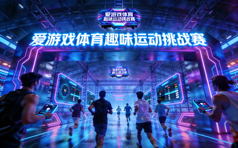 爱游戏体育趣味运动挑战赛现场画面，参赛者在赛博风格场馆中进行体育竞技