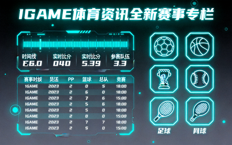 IGAME体育资讯全新赛事专栏页面展示，霓虹青色数据看板与体育项目图标