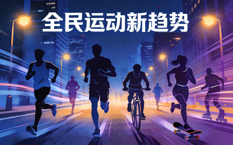 全民运动新趋势主题配图，多位年轻人在城市夜景中参与体育运动的剪影