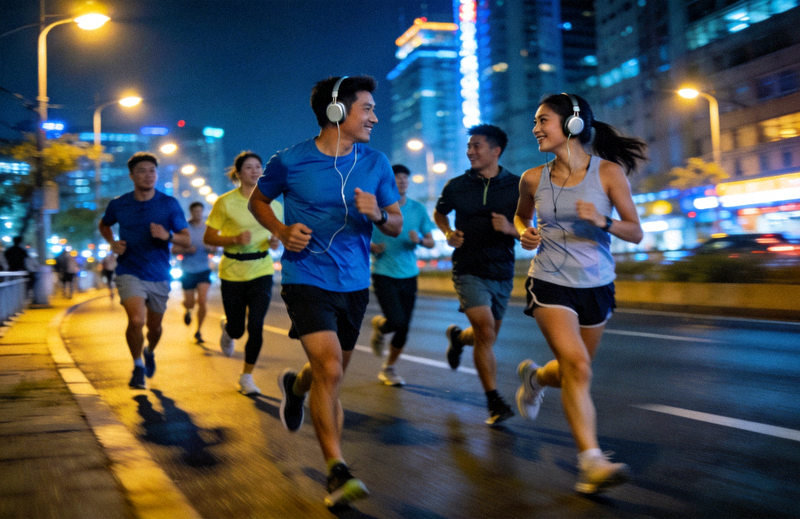 夜晚城市道路上跑步爱好者结伴夜跑，享受灯光与运动带来的快乐