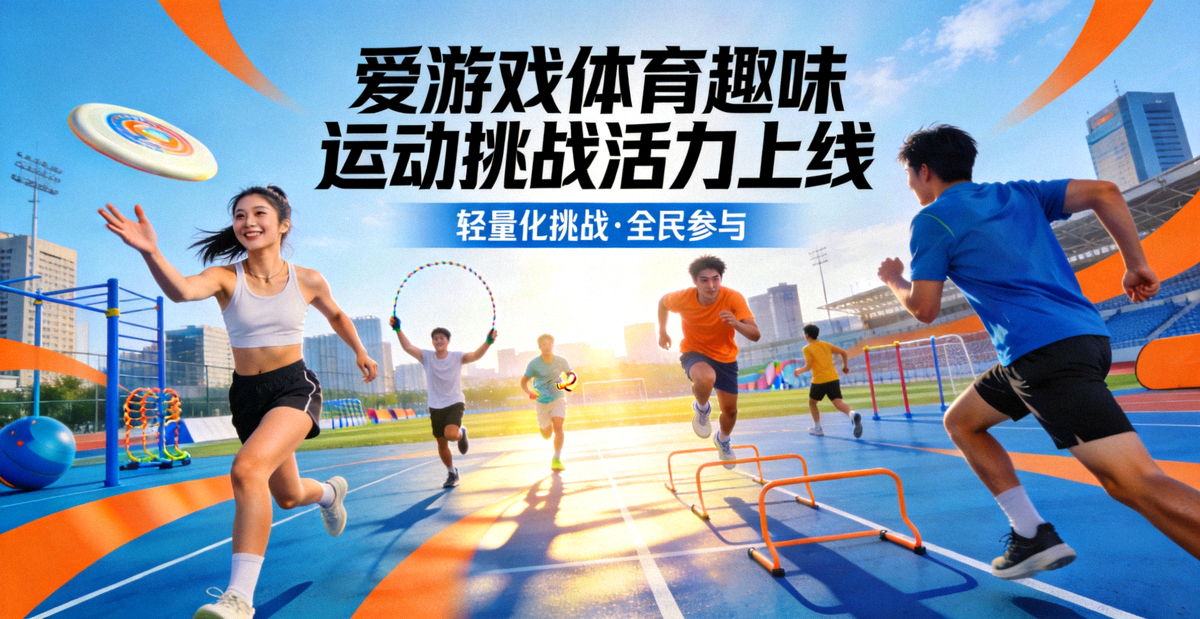 爱游戏体育趣味运动挑战活力上线主视觉，一群年轻人在城市运动场中参与轻量化体育挑战
