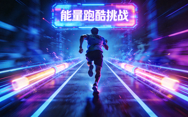 能量跑酷挑战项目示意，参与者在霓虹风格跑道上进行短距离冲刺运动