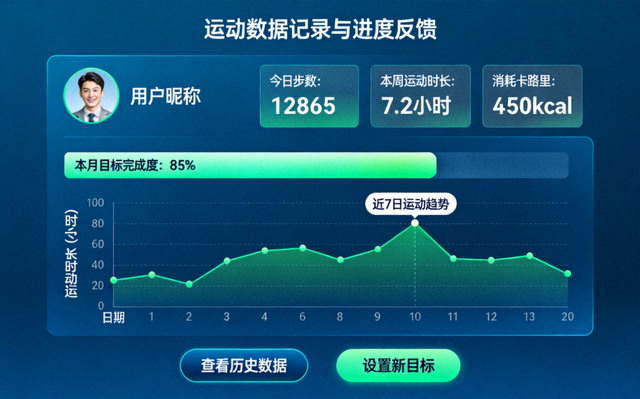 运动数据记录与进度反馈界面示意，帮助参与者看见每一次体育运动的进步