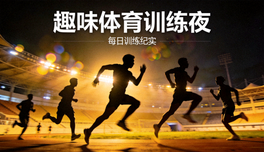 夜晚体育场馆灯光下运动员训练的剪影，展现趣味体育资讯报道的赛事氛围