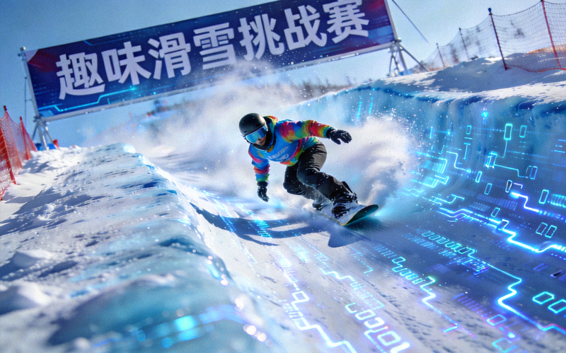 趣味滑雪挑战赛选手在数据冰川赛道高速滑行的画面