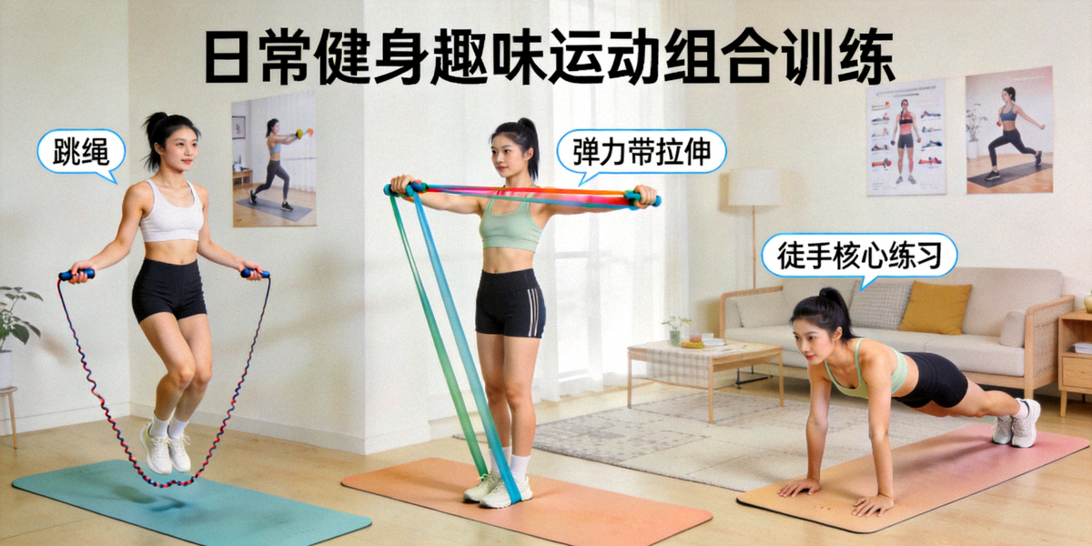 日常健身趣味运动组合训练：跳绳、弹力带拉伸与徒手核心练习