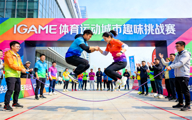 IGAME体育运动城市趣味挑战赛现场，参赛市民正在进行弹力绳接力比赛