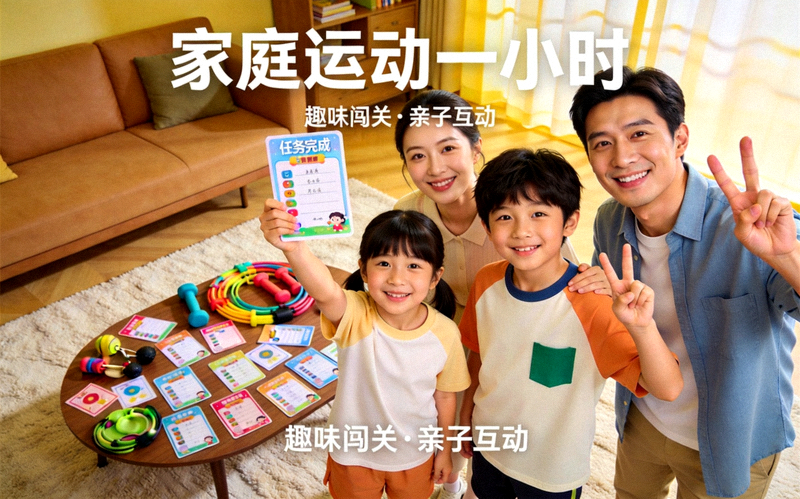 家庭运动一小时活动现场，家长与孩子在客厅中组队完成趣味闯关任务