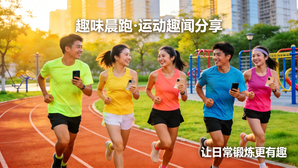 一群年轻人在城市公园进行趣味晨跑活动，笑容灿烂，展现运动趣闻分享让日常锻炼更有趣的主题画面