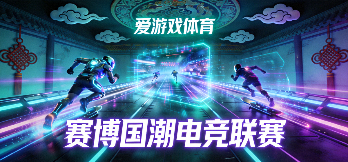 爱游戏体育赛博国潮风格的游戏主视觉，霓虹灯光下的未来体育竞技场馆与竞技画面