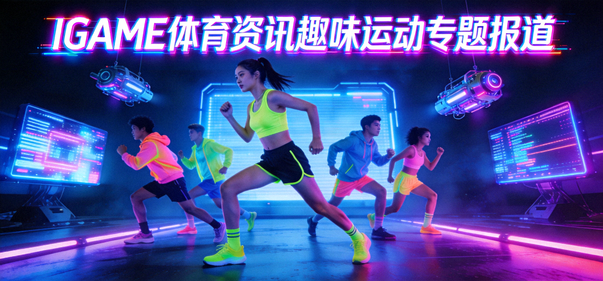 IGAME体育资讯趣味运动专题报道封面：年轻人在霓虹灯光下进行赛博风格体育运动