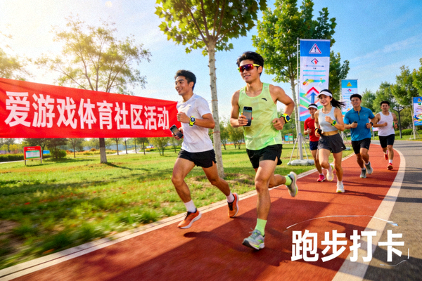 爱游戏体育社区活动画面，玩家在户外进行跑步打卡